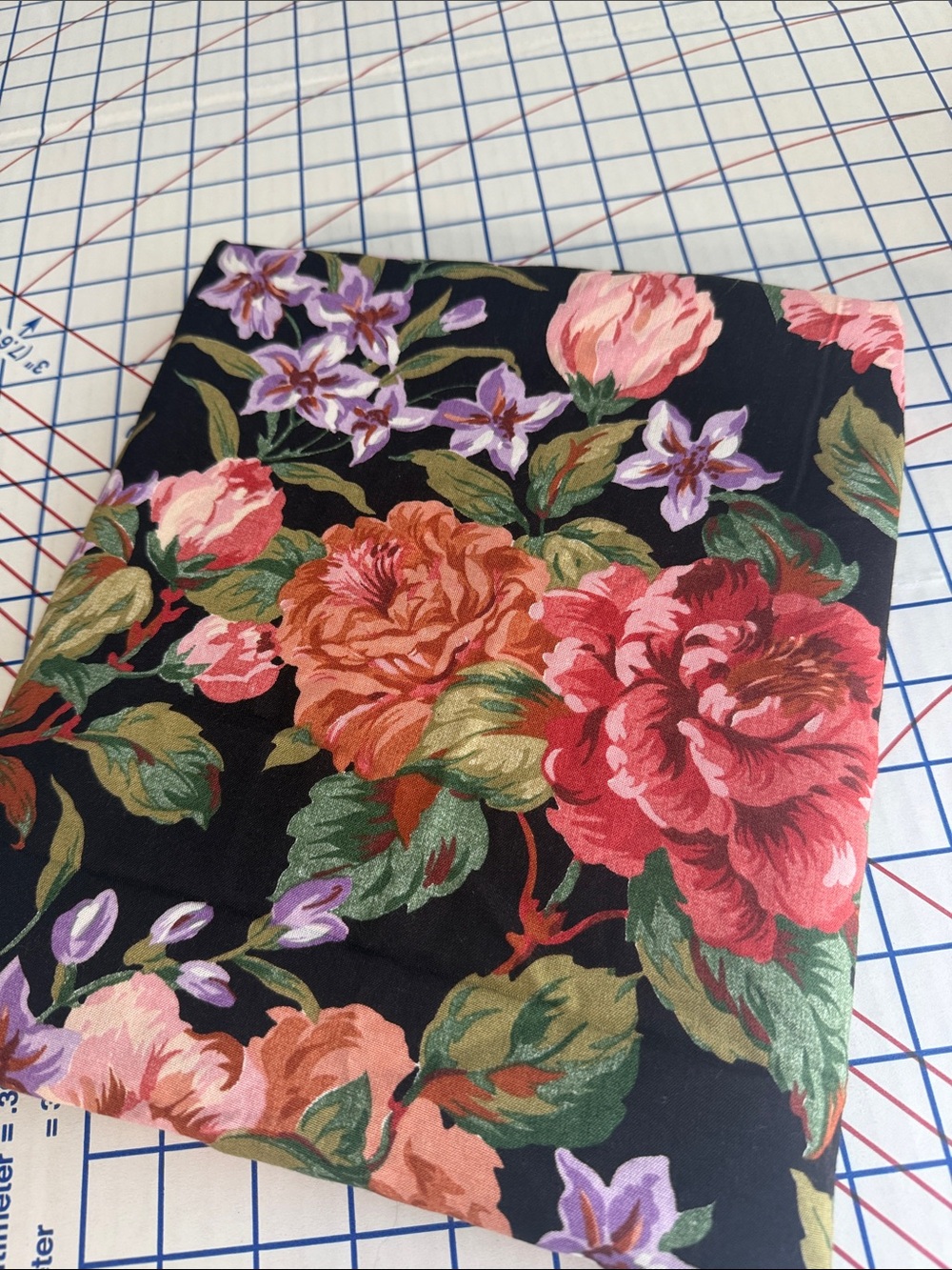 Vintage 90s Carol Anderson Floral Fabric Rayon-Like Black Roses 2.25 Yds x 58